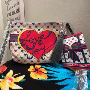 NWT Brighton Love & Joy Crossbody Canvas Pouch Purse with Tassel, Hearts, bows